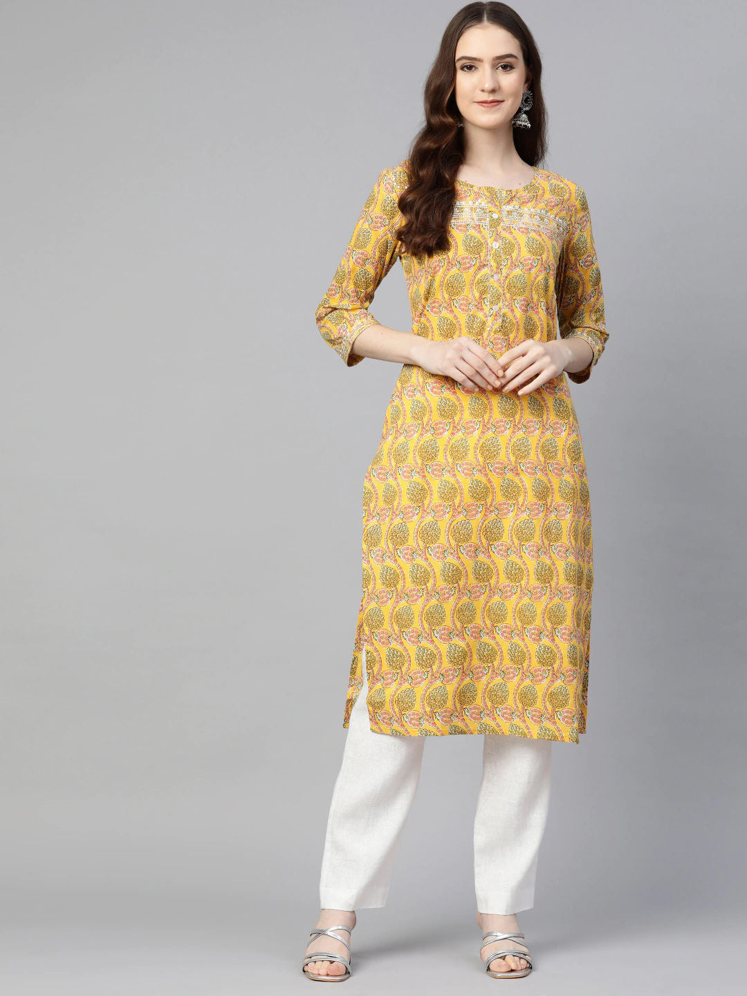 Straight Style Cotton Fabric Yellow Color Kurta