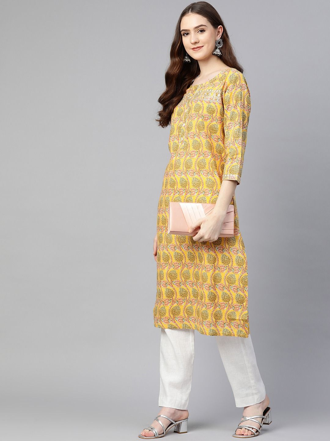 Straight Style Cotton Fabric Yellow Color Kurta