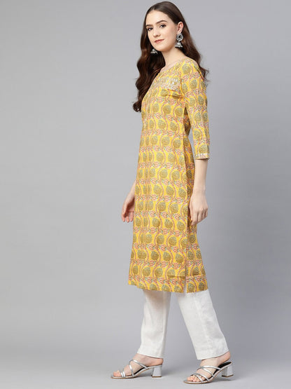 Straight Style Cotton Fabric Yellow Color Kurta