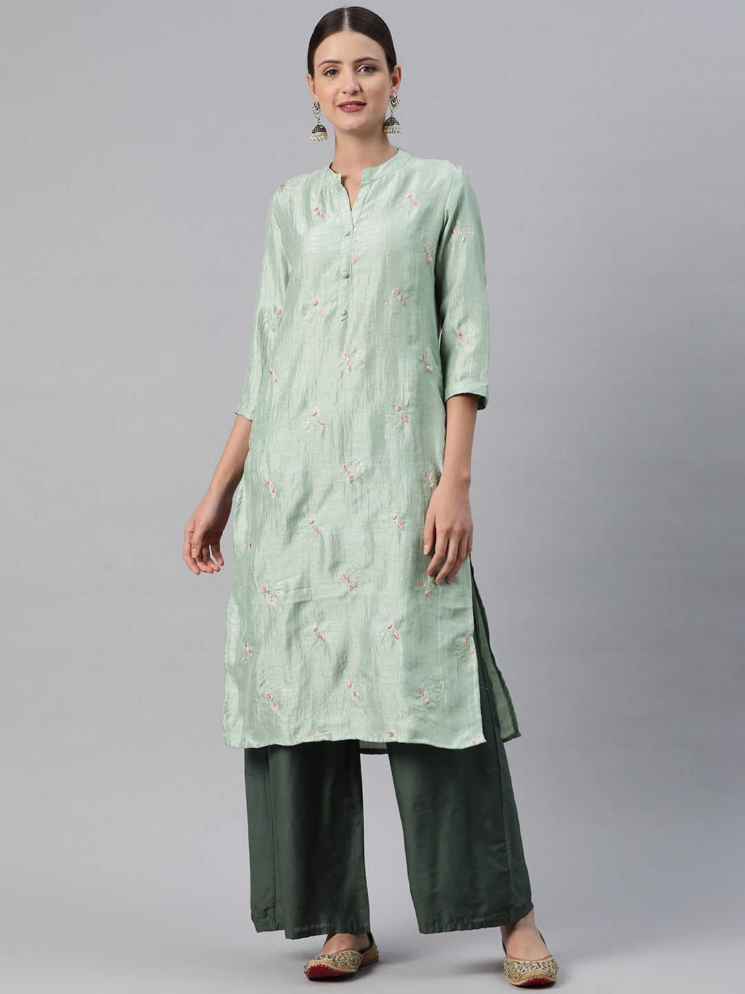 Straight Style Silk Fabric Green Color Kurti