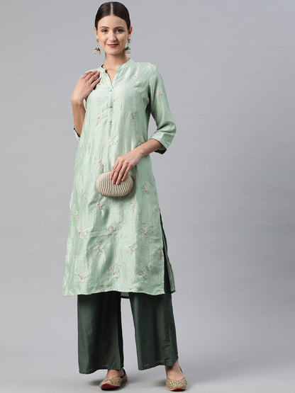 Straight Style Silk Fabric Green Color Kurti