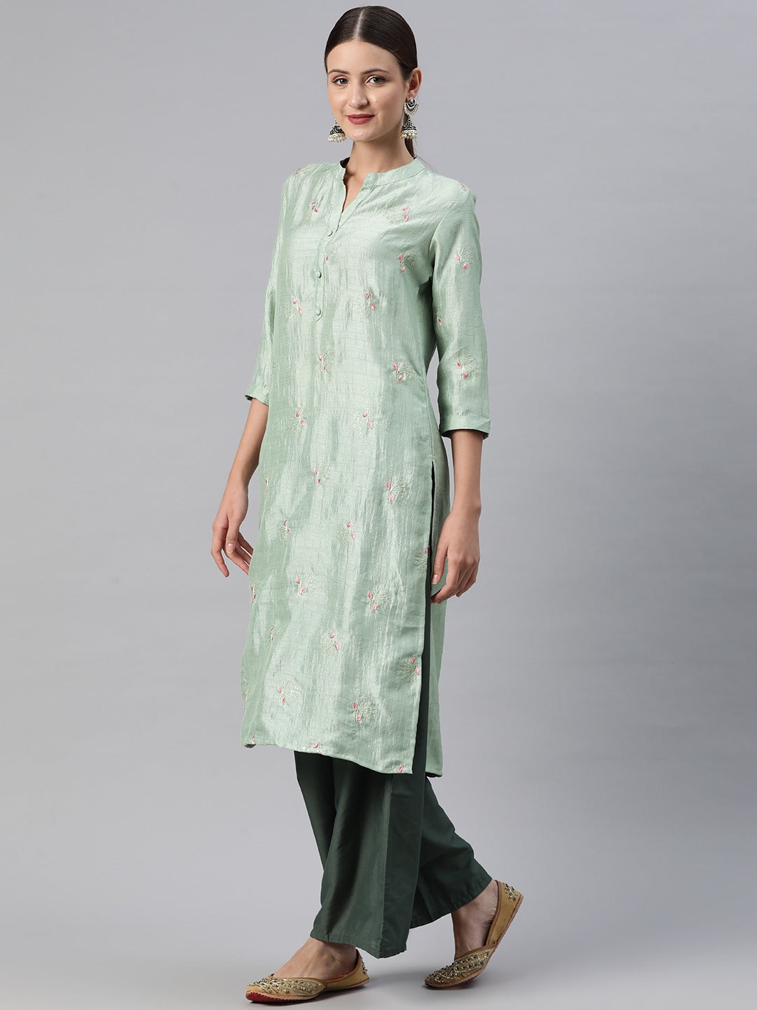 Straight Style Silk Fabric Green Color Kurti