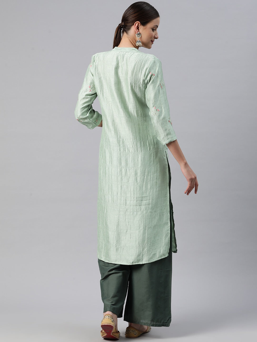 Straight Style Silk Fabric Green Color Kurti