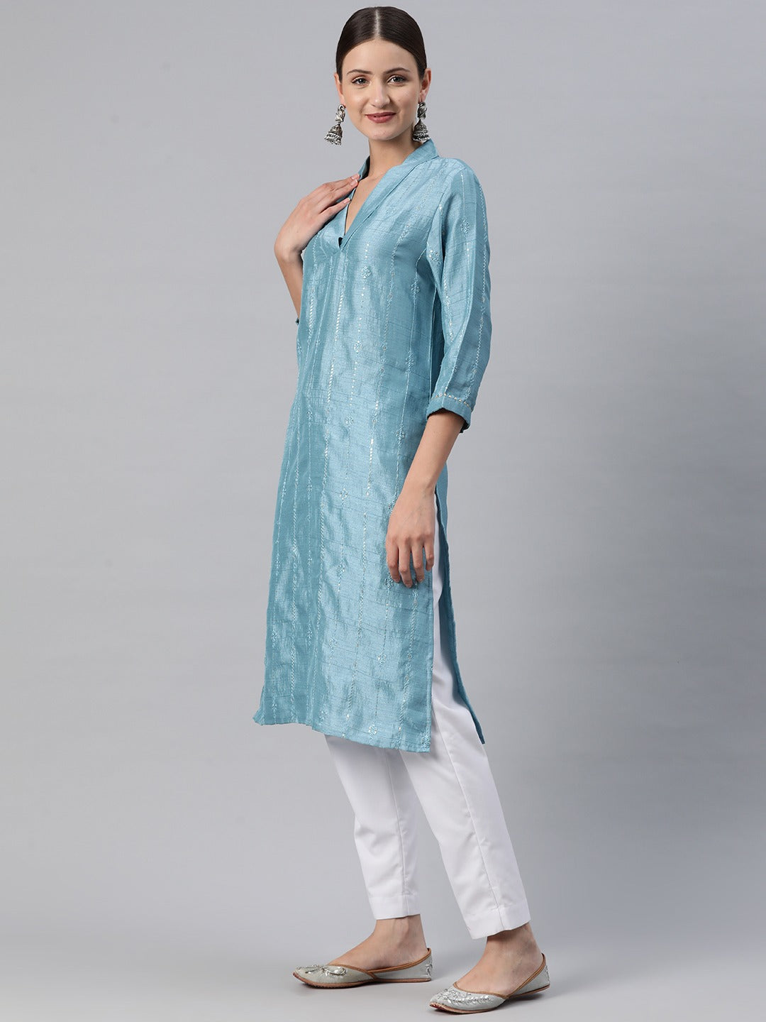 Straight Style Silk Fabric Blue Color Kurti