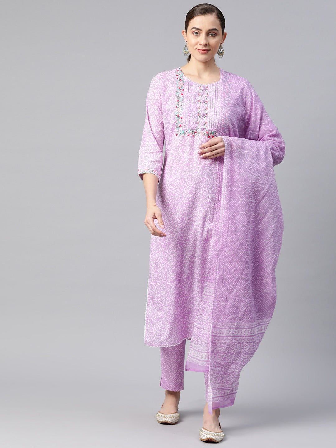 Straight Style Cotton Fabric Purple Color Kurta And Bottom With Dupatta