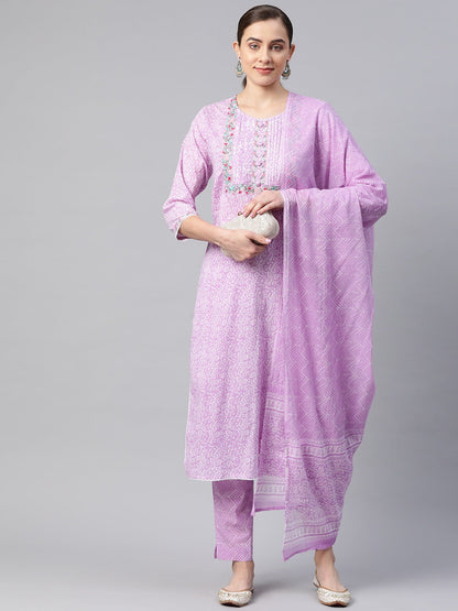 Straight Style Cotton Fabric Purple Color Kurta And Bottom With Dupatta