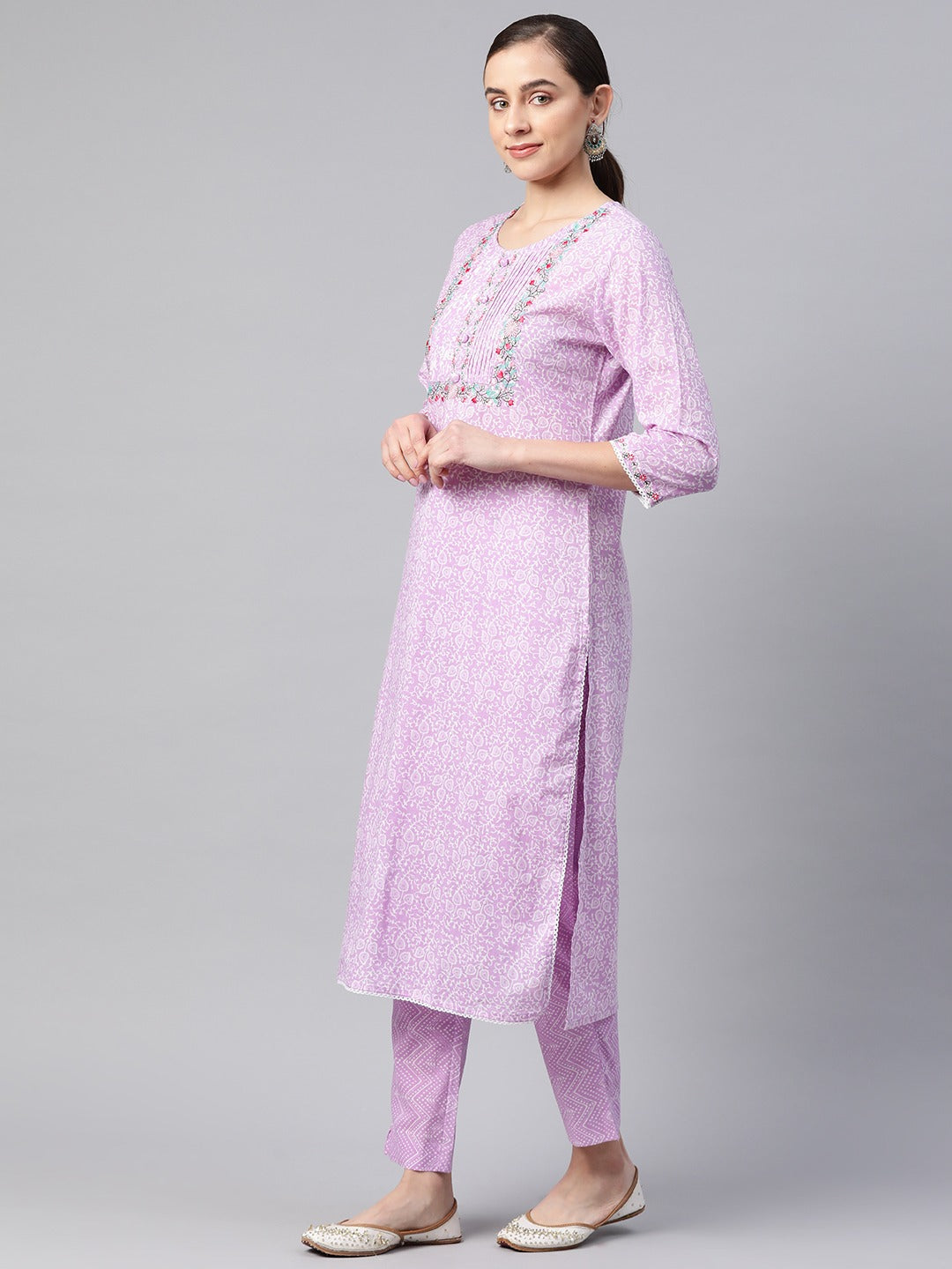 Straight Style Cotton Fabric Purple Color Kurta And Bottom With Dupatta