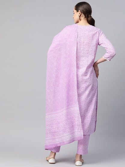 Straight Style Cotton Fabric Purple Color Kurta And Bottom With Dupatta