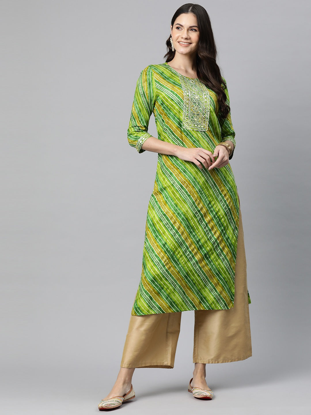 Straight Style Rayon Fabric Green Color Kurta