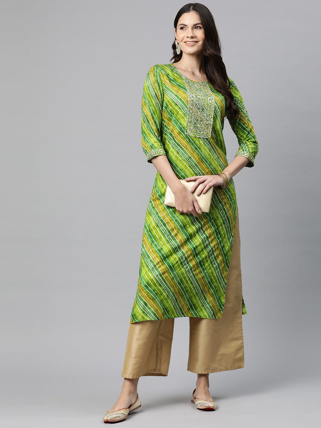 Straight Style Rayon Fabric Green Color Kurta