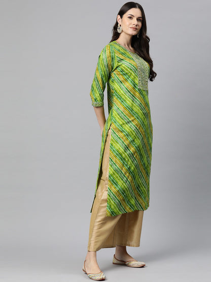 Straight Style Rayon Fabric Green Color Kurta