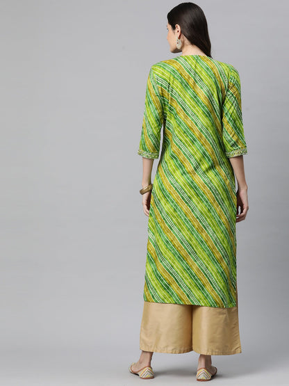 Straight Style Rayon Fabric Green Color Kurta