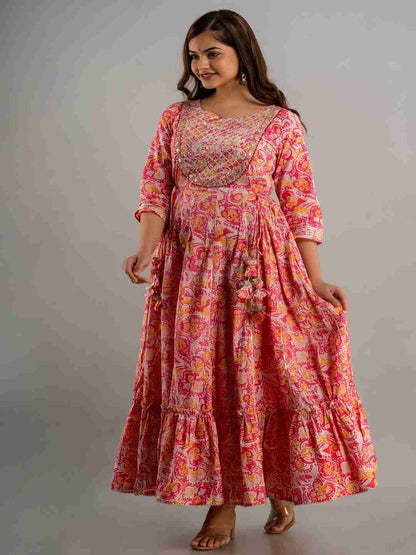 Embroidered Cotton Flared 3/4 Sleeves Ankle Length Dress