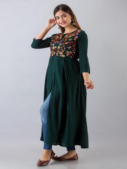 Rayon Embroidered Front slit  3/4 Sleeves Calf Kurta