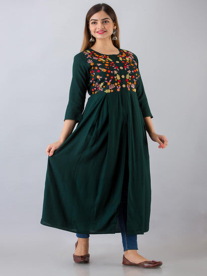 Rayon Embroidered Front slit  3/4 Sleeves Calf Kurta