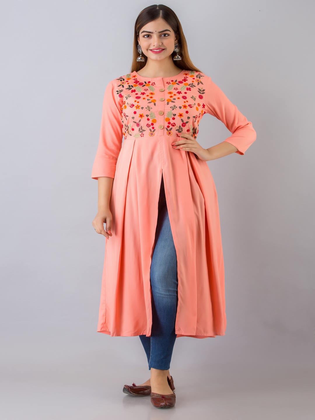 Rayon Embroidered Front slit  3/4 Sleeves Calf Kurta