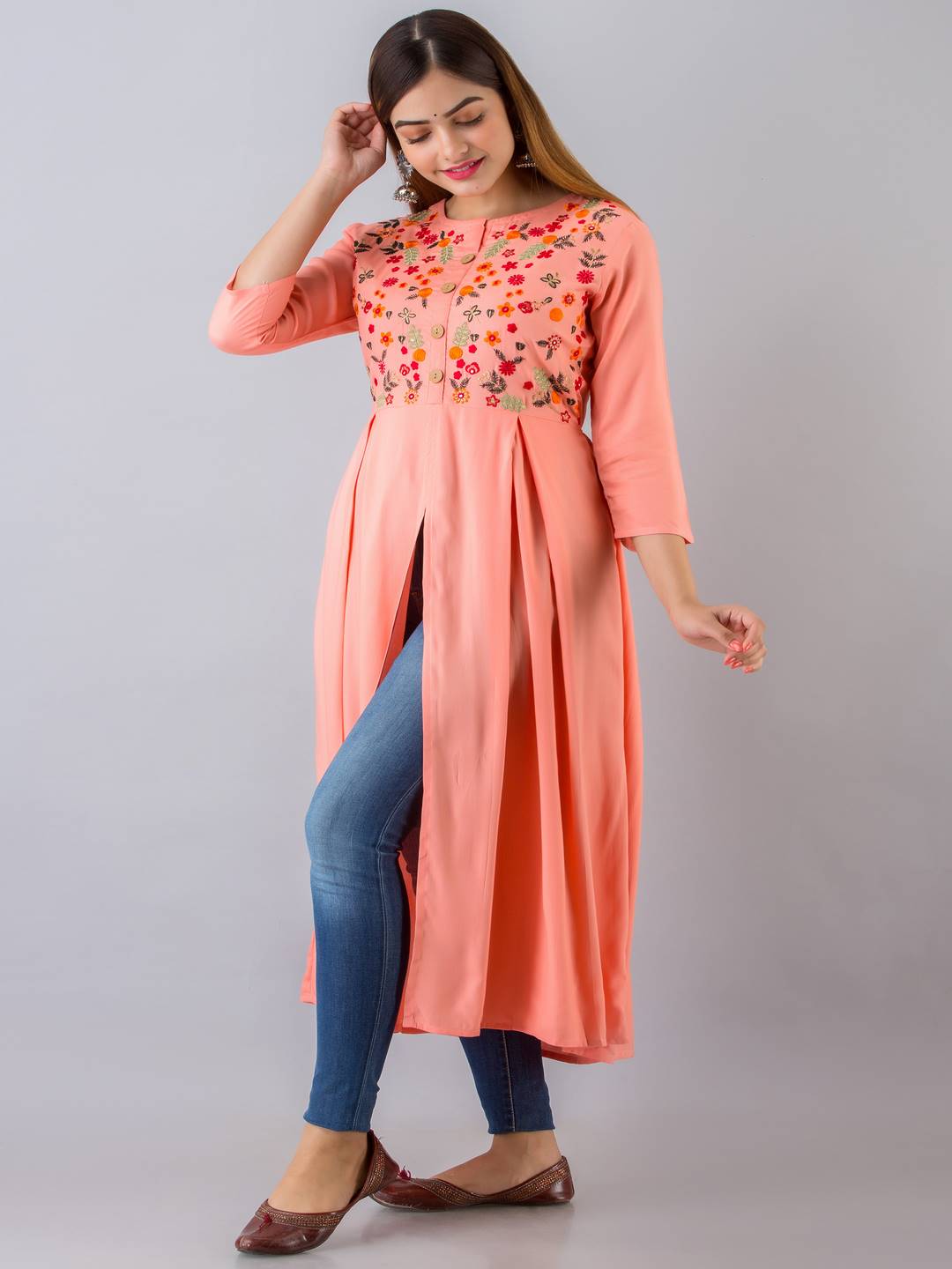 Rayon Embroidered Front slit  3/4 Sleeves Calf Kurta