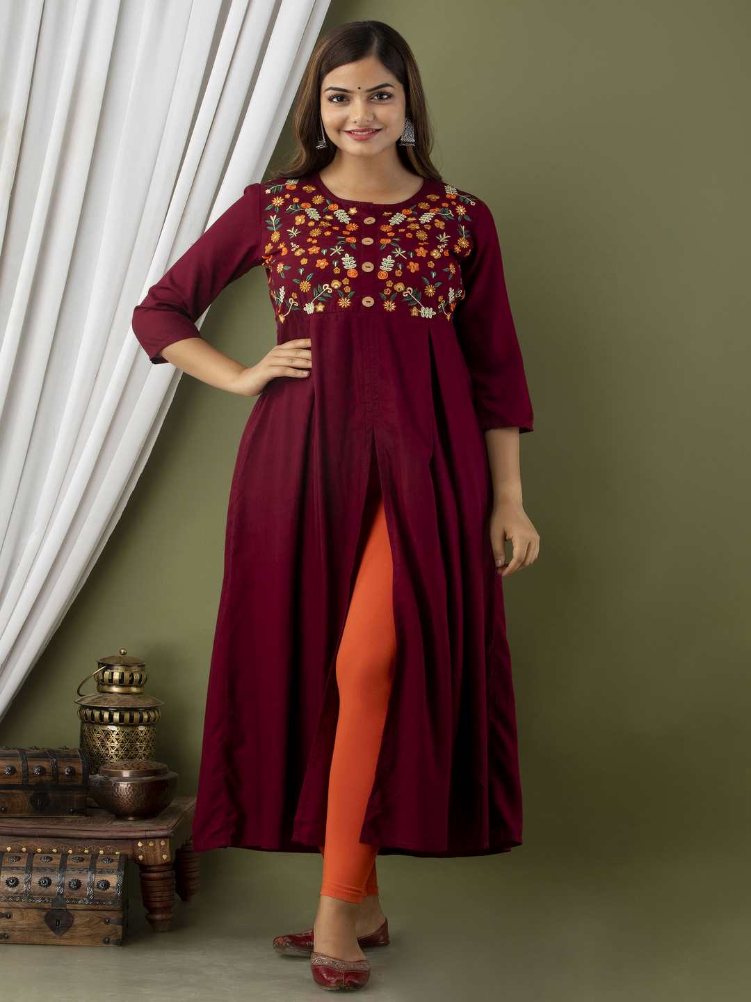 Embroidered Front slit Round Neck 3/4 Sleeve Calf Length Viscose Rayon Kurta