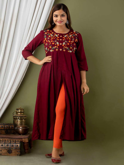 Embroidered Front slit Round Neck 3/4 Sleeve Calf Length Viscose Rayon Kurta