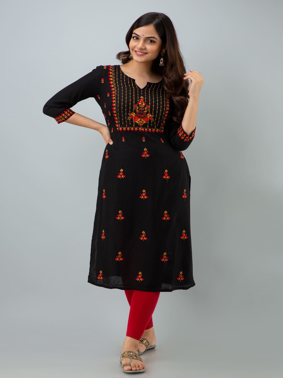 Rayon Embroidery Straight 3/4 Sleeves Round Neck Calf Kurta