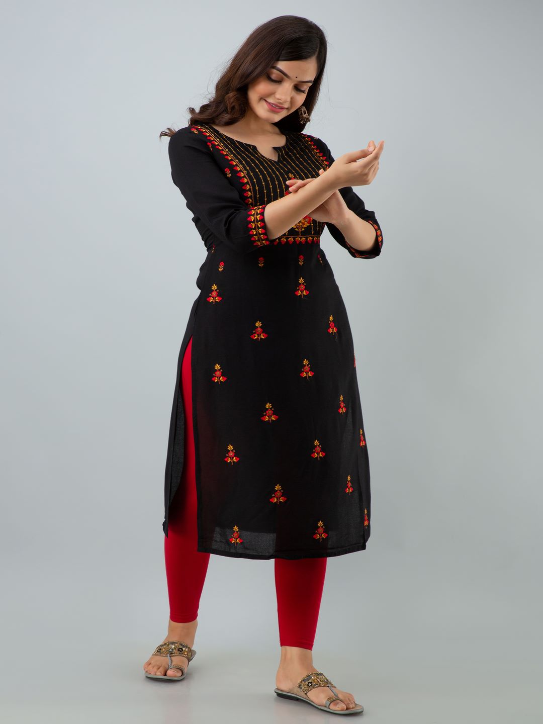 Rayon Embroidery Straight 3/4 Sleeves Round Neck Calf Kurta