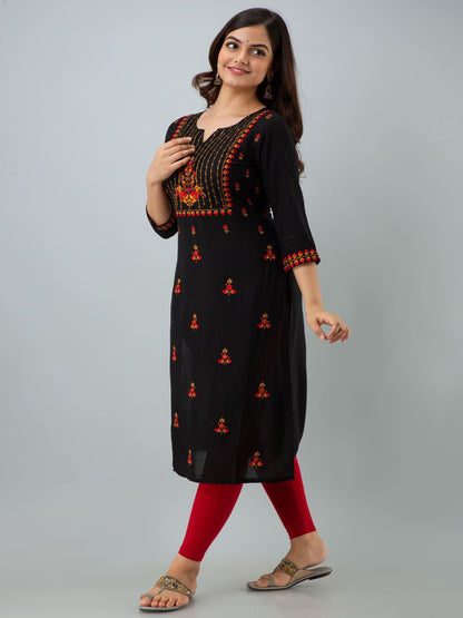 Rayon Embroidery Straight 3/4 Sleeves Round Neck Calf Kurta