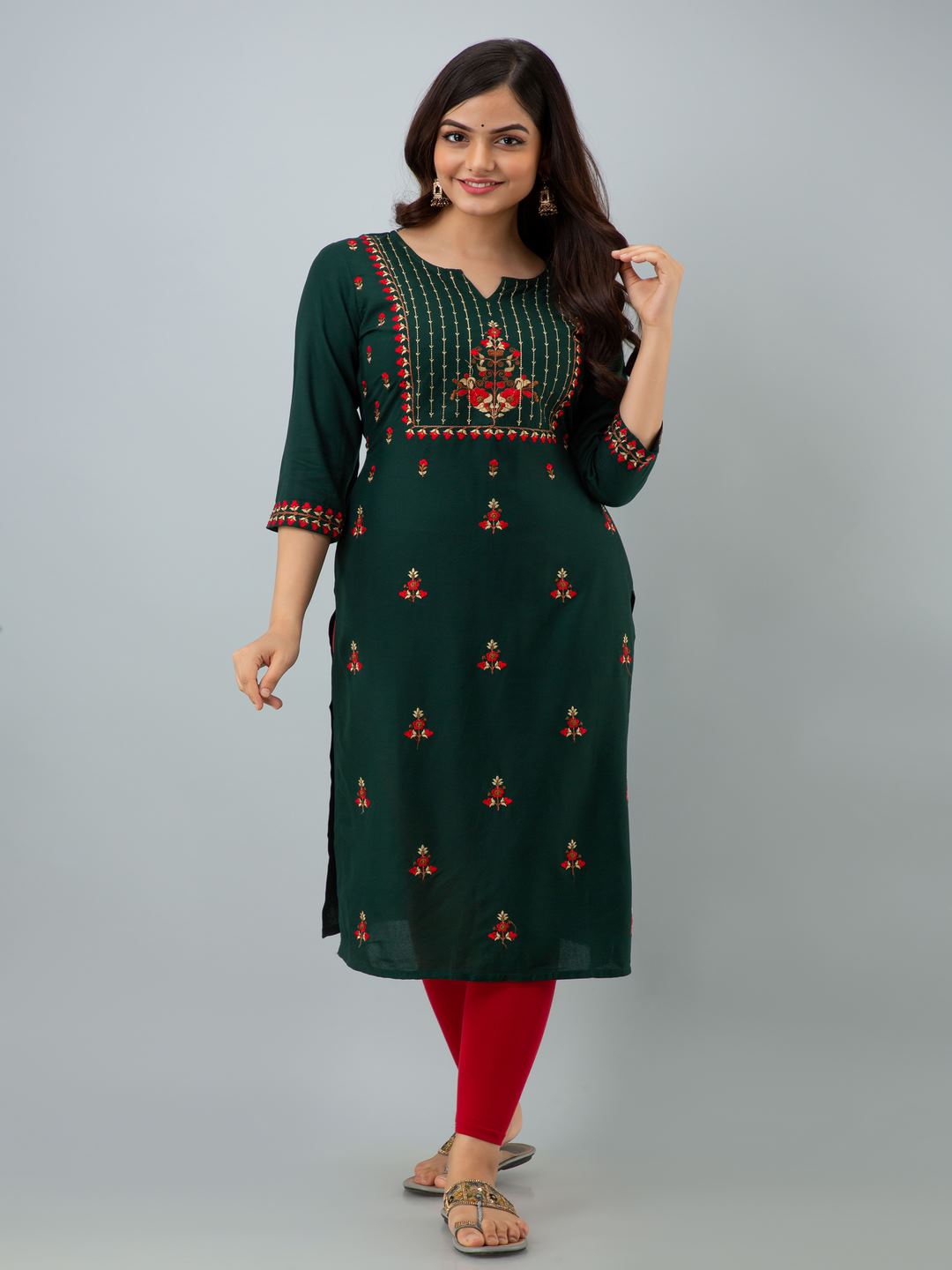 Rayon Embroidery Straight 3/4 Sleeves Round Neck Calf Kurta