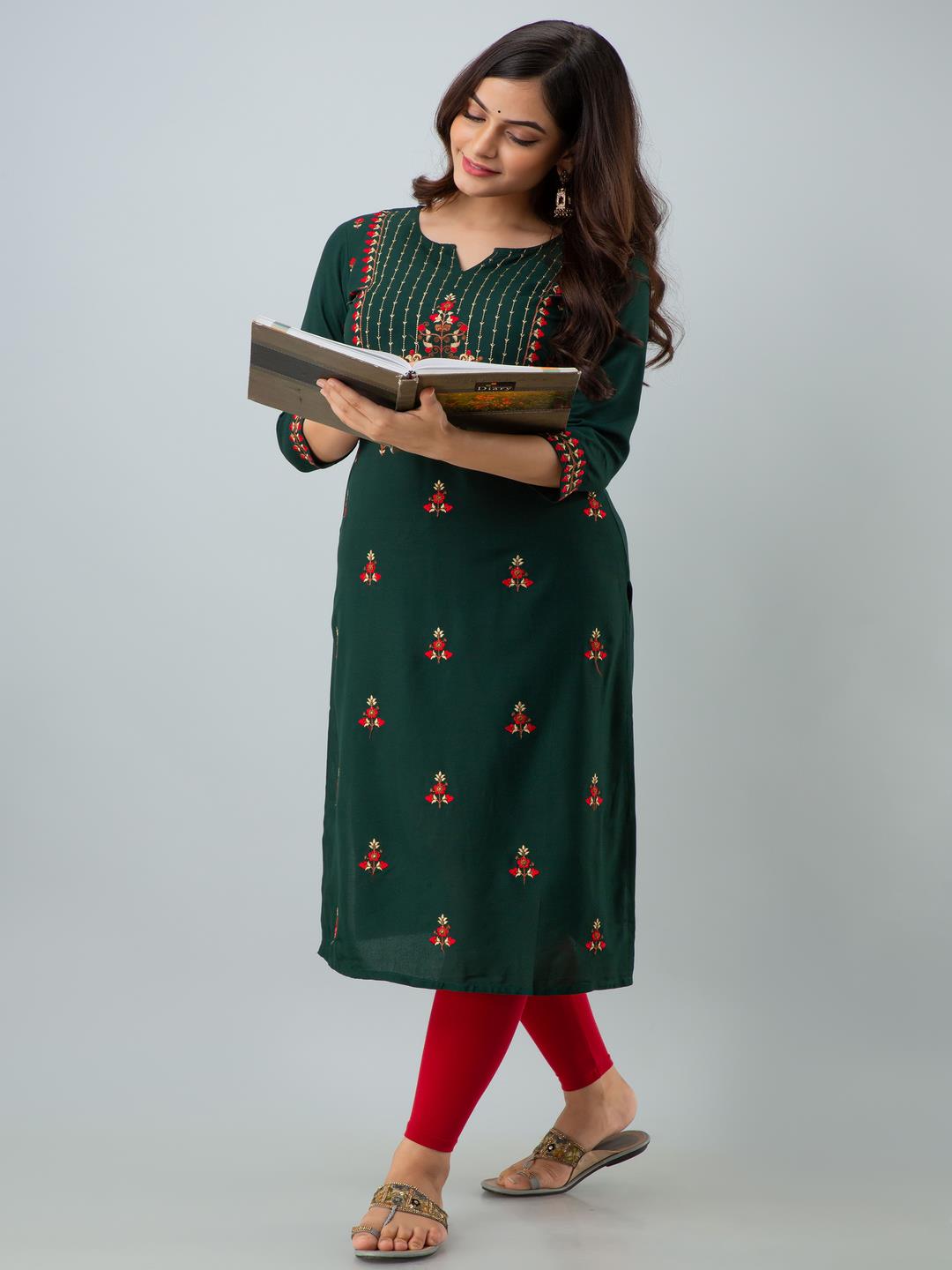 Rayon Embroidery Straight 3/4 Sleeves Round Neck Calf Kurta