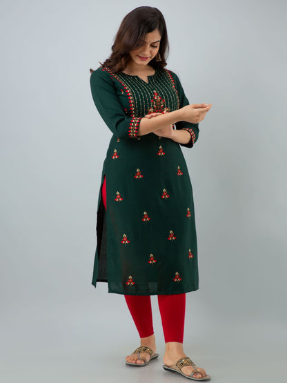 Rayon Embroidery Straight 3/4 Sleeves Round Neck Calf Kurta