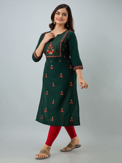 Rayon Embroidery Straight 3/4 Sleeves Round Neck Calf Kurta