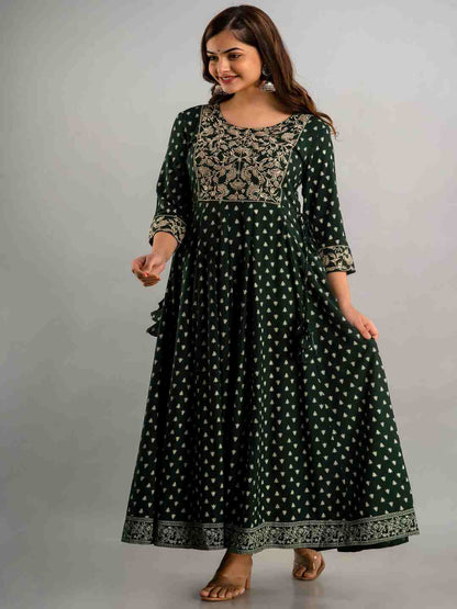 Printed Flared Round Neck 3/4 Sleeve Ankle Length Viscose Rayon Kurta