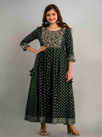 Printed Flared Round Neck 3/4 Sleeve Ankle Length Viscose Rayon Kurta