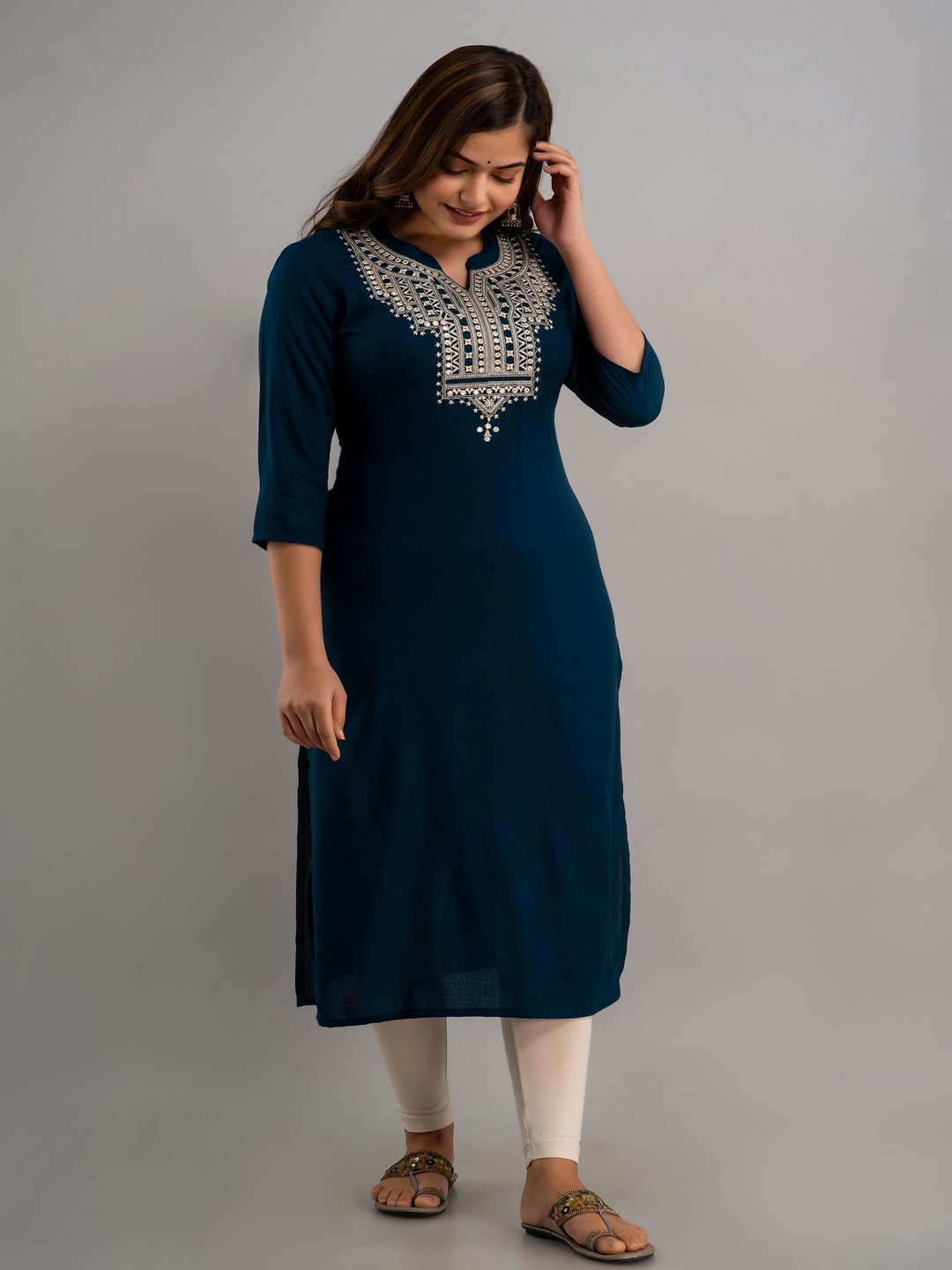 Embroidered Viscose Rayon Round Neck 3/4 Sleeves Calf Length Straight Kurta