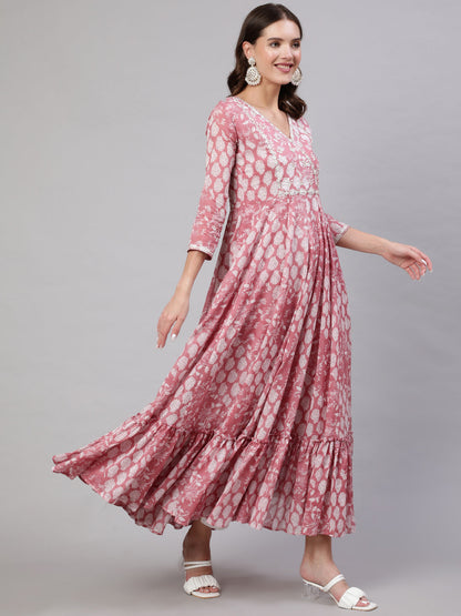 Cotton Ankle Length Flared 3/4 Sleeves Printed & Embroidery  Round Neck Kurta