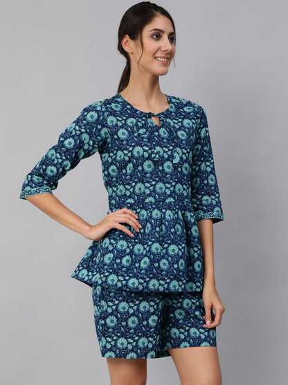 Women Blue Floral Printed Night Suit