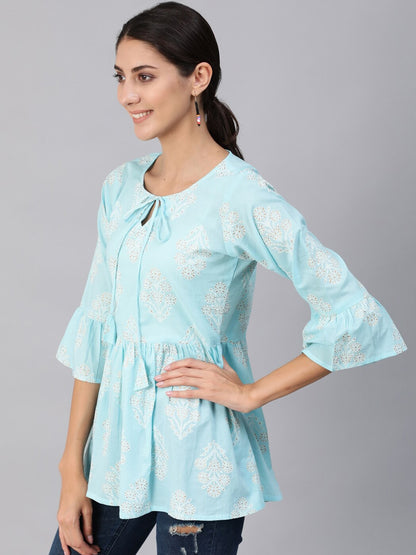 Women Blue & Gold Printed Top With Three Quarter Flared Sleeves