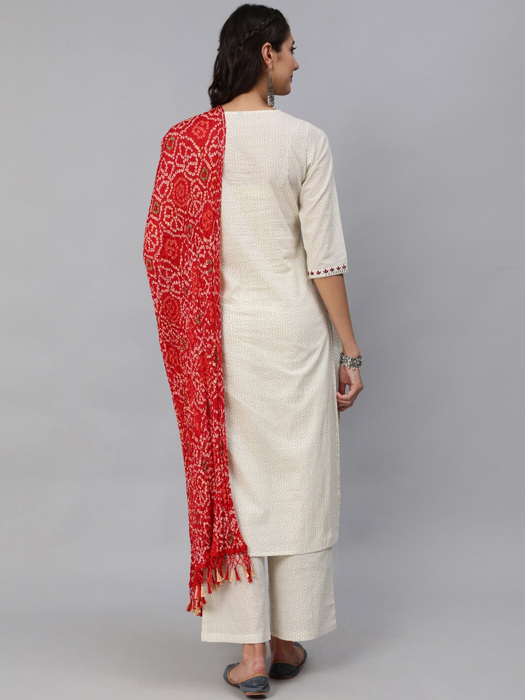 Women Cream & Red Embroidered Straight Kurta Set With Plazo & Wrinkled Dupatta