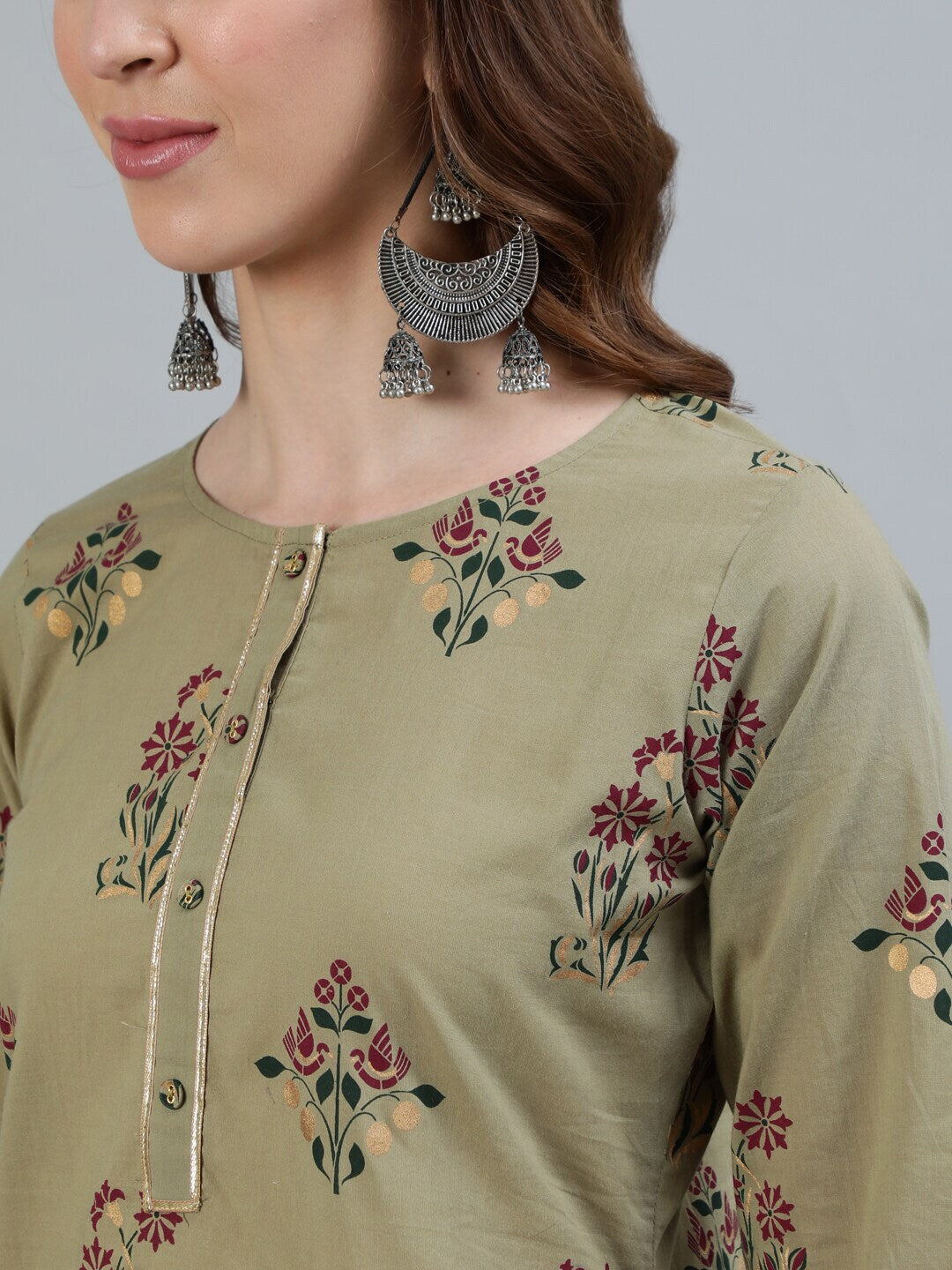 Women Olive Green Printed Straight kurta with Plazo & Dupatta