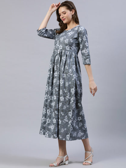 Women Grey Floral Printed Dress With Three Quarter Sleeves