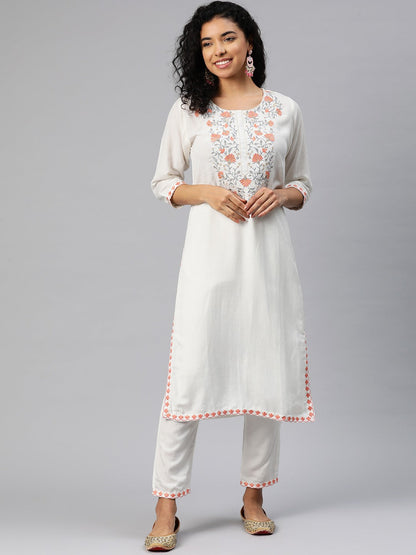 Straight Style Rayon Fabric White Color Kurta With Bottom