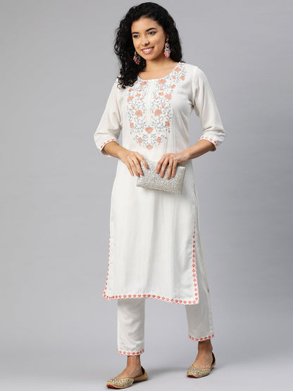 Straight Style Rayon Fabric White Color Kurta With Bottom