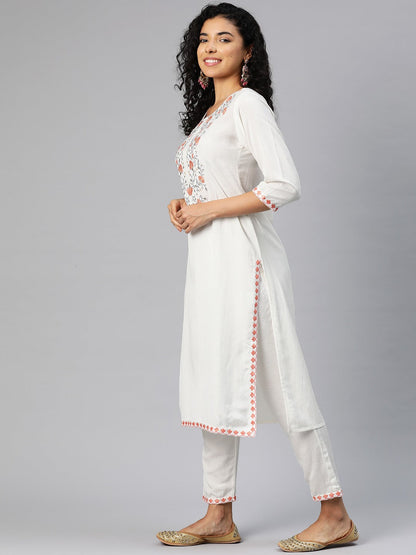 Straight Style Rayon Fabric White Color Kurta With Bottom