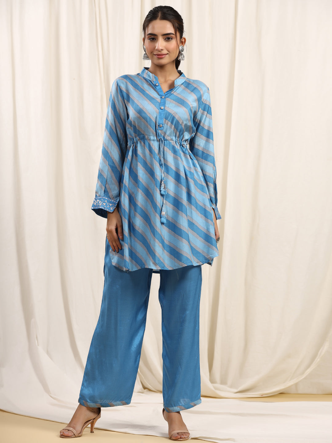 Straight Style Silk Fabric Blue Color Kurta And Bottom