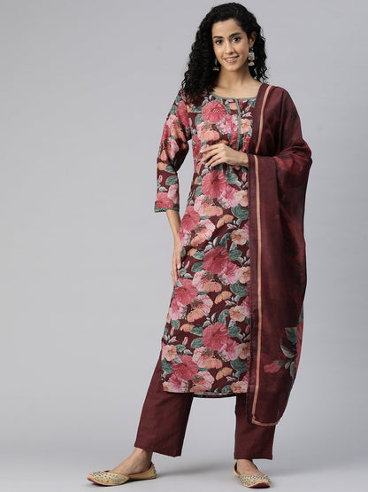 Straight Style Cotton Fabric Burgundy Color Kurta And Bottom With Dupatta