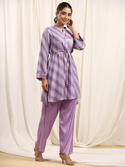 Straight Style Silk Fabric Purple Color Kurta And Bottom