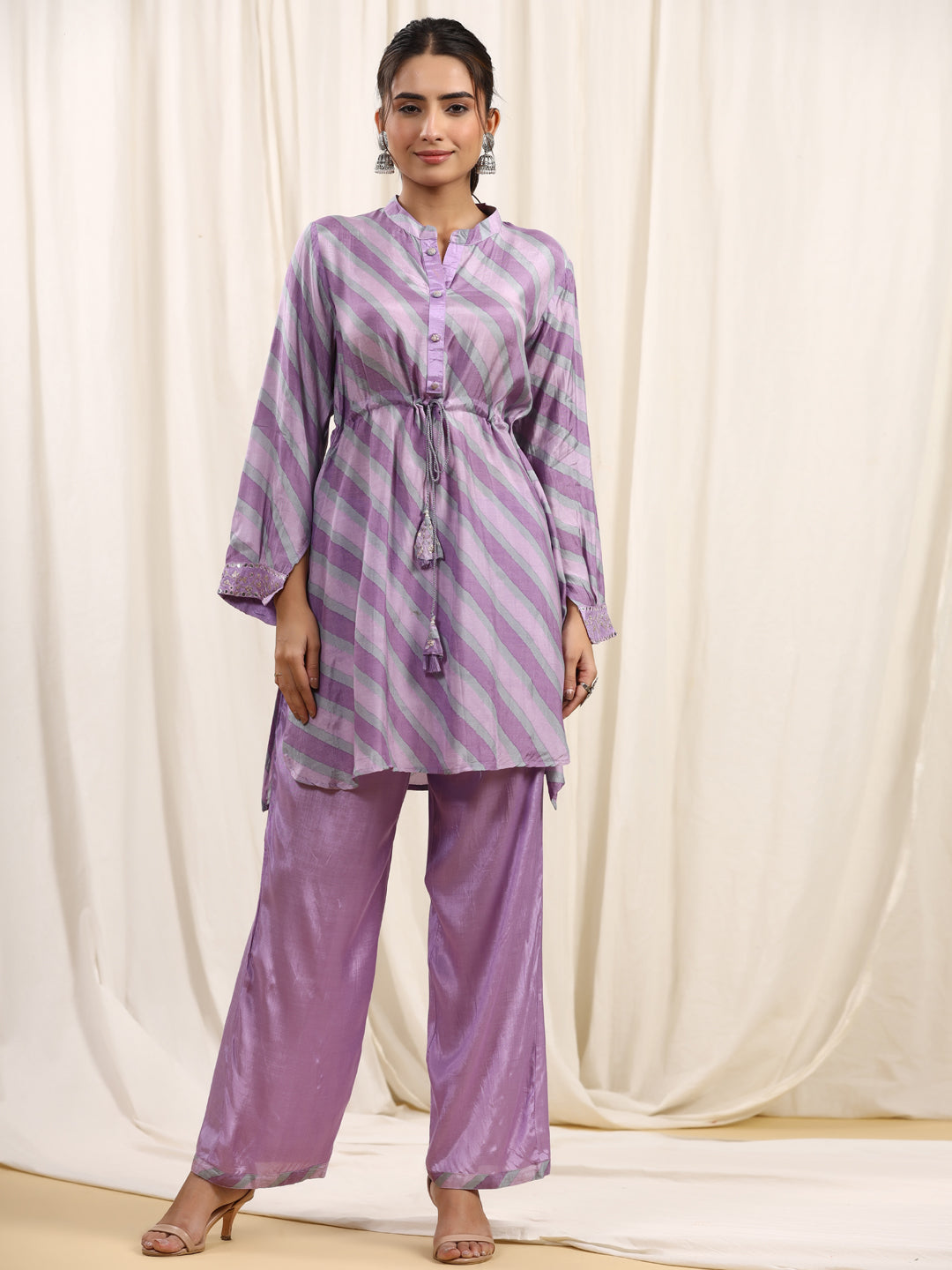 Straight Style Silk Fabric Purple Color Kurta And Bottom