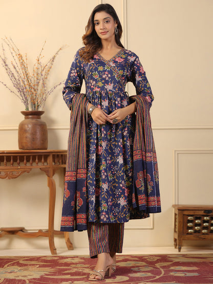 Straight Style Cotton Fabric Blue Color Kurta And Bottom With Dupatta