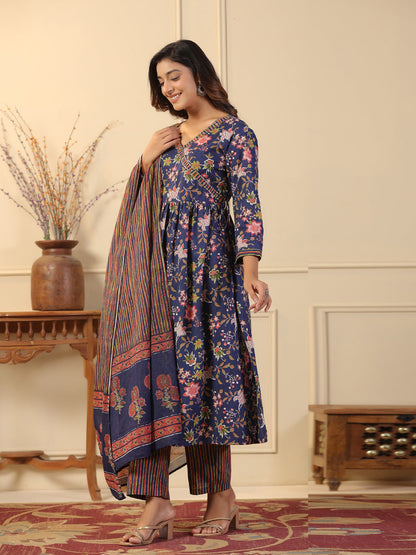 Straight Style Cotton Fabric Blue Color Kurta And Bottom With Dupatta