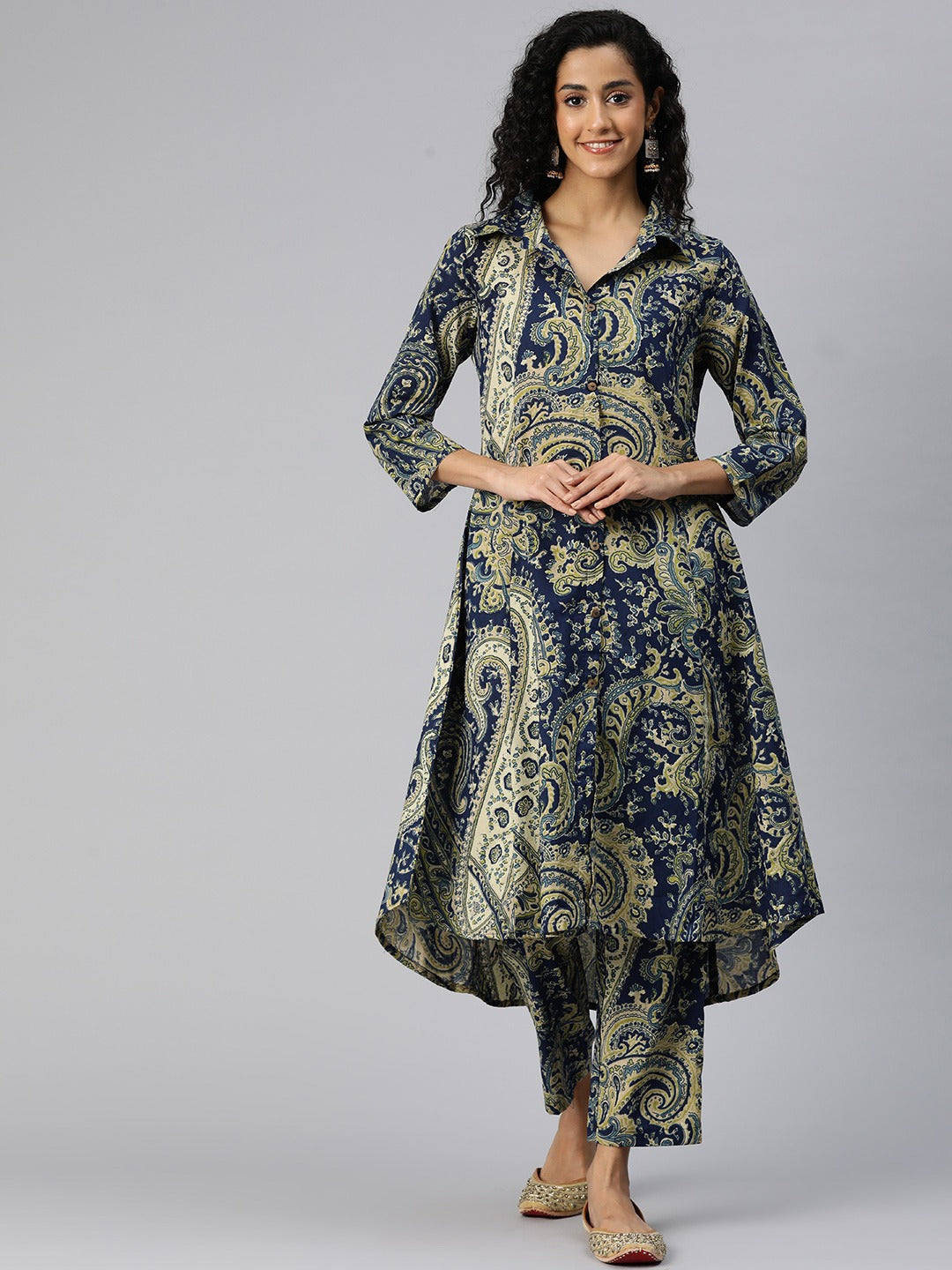 A Line Style Cotton Fabric Blue Color Kurta And Bottom