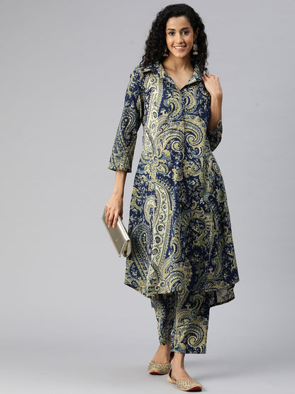 A Line Style Cotton Fabric Blue Color Kurta And Bottom